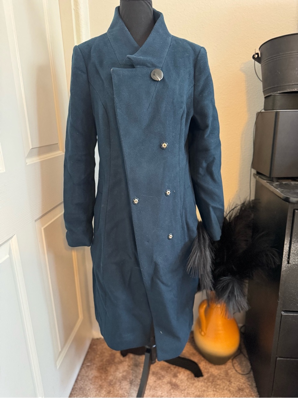 Women's Double-Breasted Wool Blend Long Coat in Dark Teal